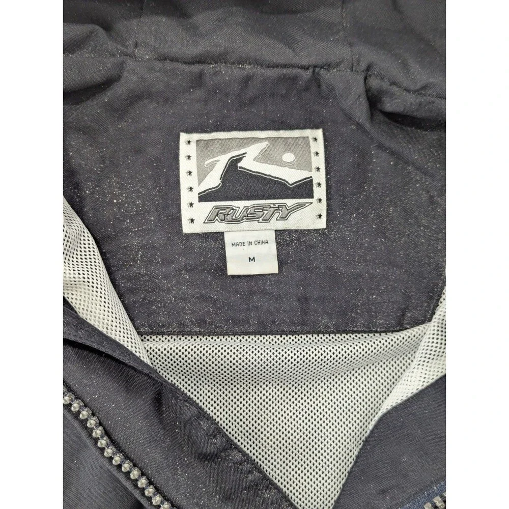 Rusty Surfboards Windbreaker Jacket Mens M Medium Black 1/4 Zip Hooded 00s Y2K